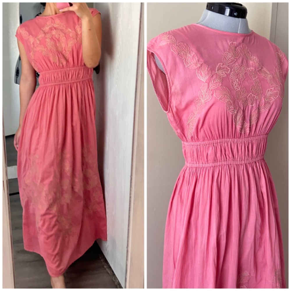 Vintage Elegant Pink Embroidered Summer Maxi Dress